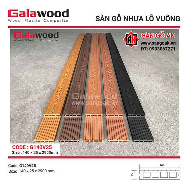Sàn gỗ nhựa ngoài trời Galawood lỗ vuông G140V25 Red Brown